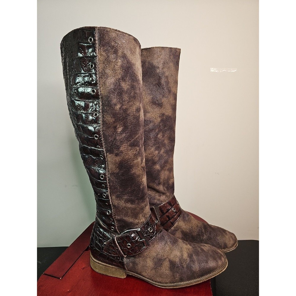 Donald J. Pliner Gale Tall Boots Croc Embossed Leather Brown Suede